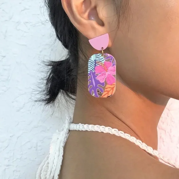 🌟 Acrylic Flower Hibiscus Tropical Transparent Square Earrings Palm Leaf - Picture 2 of 4
